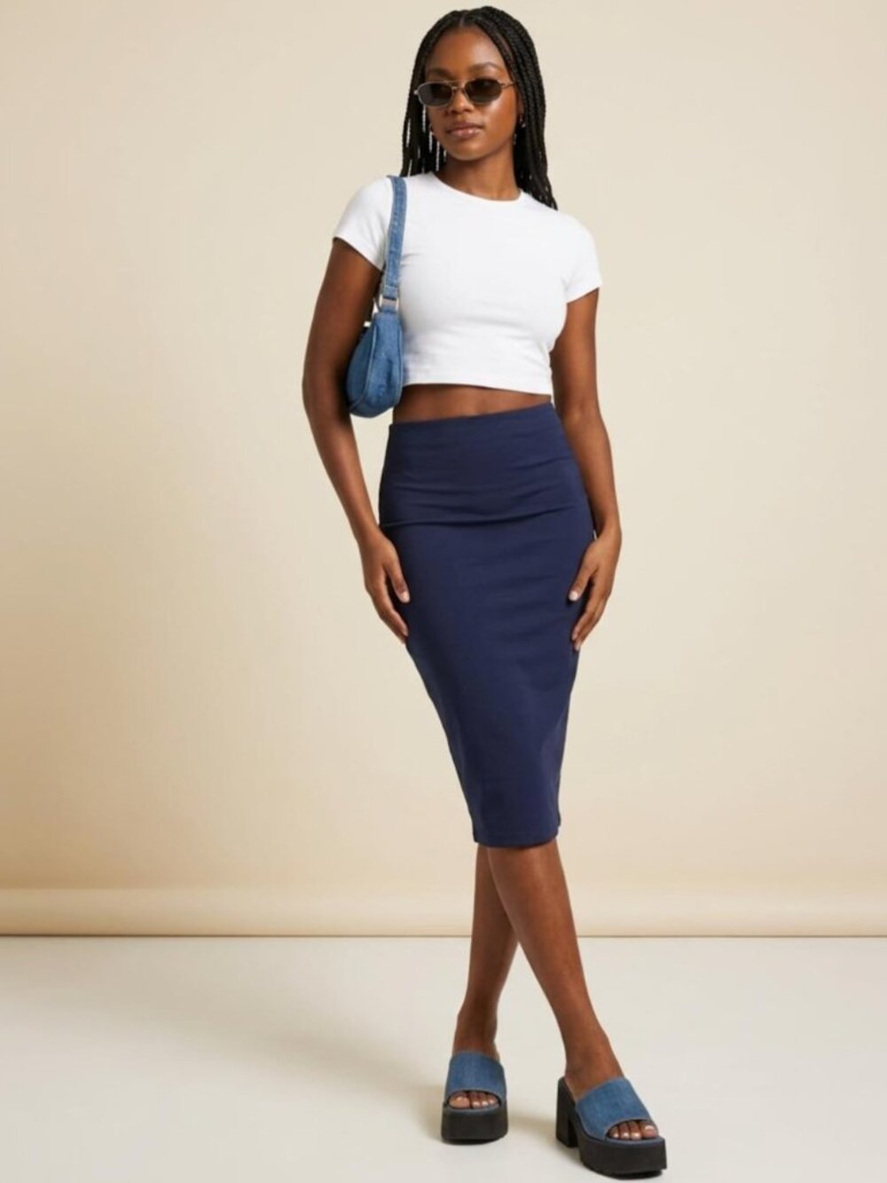 Zara Navy Blue High Waisted Midi Pencil Skirt - SZ S